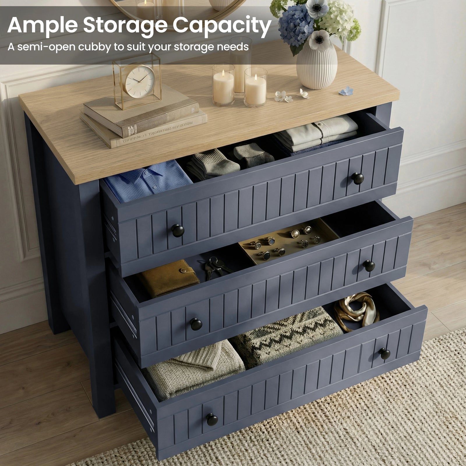 [Blue] Linra bedroom furniture set chest of drawers with oak top and three drawers open displaying items