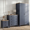 [Blue] Linra 3 piece blue bedroom set showing wardrobe, chest of drawers and bedside table in a styled room