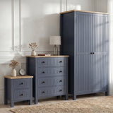 [Blue] Linra bedroom furniture set with 2 door wardrobe, 4 drawer chest and 2 drawer bedside on jute rug
