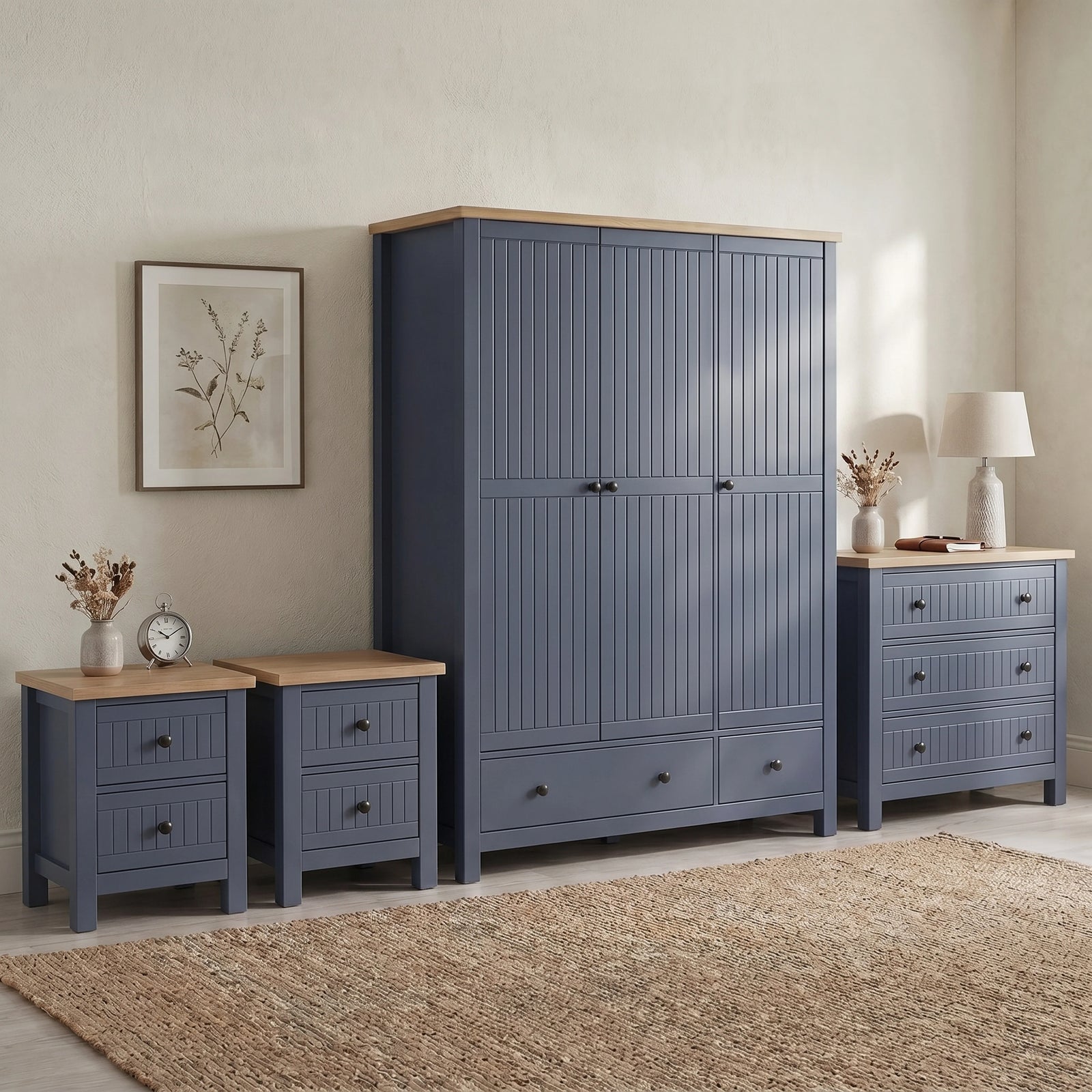 [Blue] Blue painted Linra bedroom furniture set with grooved panel doors and round black knob handles