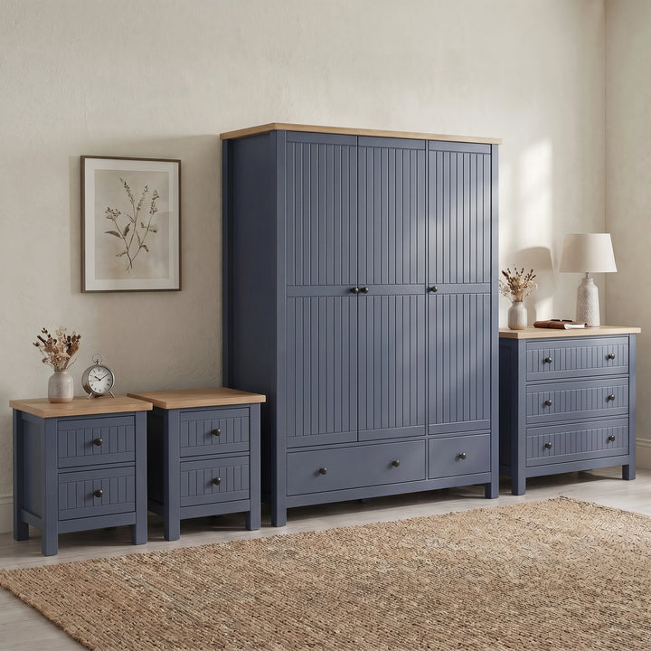 [Blue] Blue painted Linra bedroom furniture set with grooved panel doors and round black knob handles