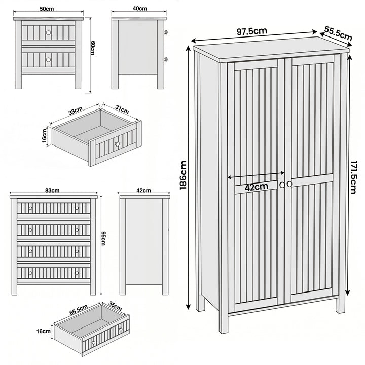 [Blue] Linra bedroom furniture set: wardrobe 97.5x55.5x186 chest 83x42x95 bedside 50x40x60 cm