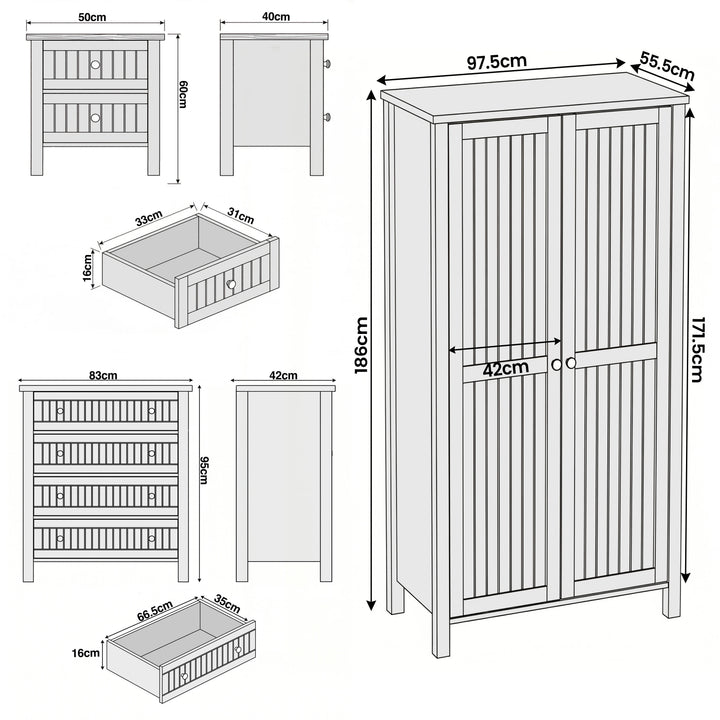 [Blue] Linra bedroom furniture set: wardrobe 97.5x55.5x186 chest 83x42x95 bedside 50x40x60 cm