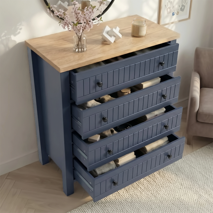 [Blue] Linra bedroom furniture set 4 drawer chest with all four drawers pulled open showing folded contents