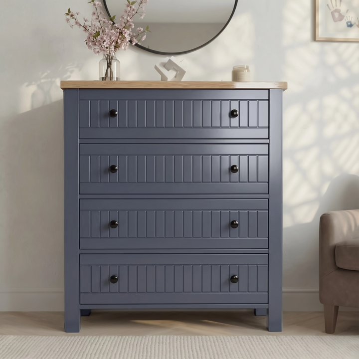 [Blue] Linra bedroom furniture set 4 drawer chest with grooved fronts and oak top below round wall mirror