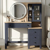 [Blue] Linra dressing table front view with illuminated LED mirror and full width storage drawer arrangement