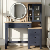 [Blue] Front Linra dressing table with mirror lit, vase, perfume bottles and stool tucked under oak top