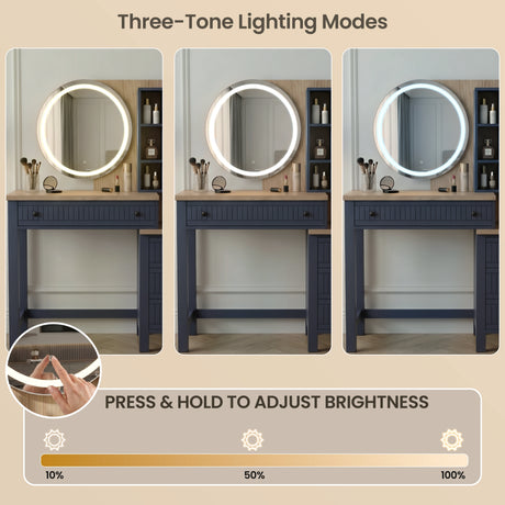 [Blue] Linra blue vanity with three-tone LED lighting modes and dimmable touch sensor for adjustable brightness.