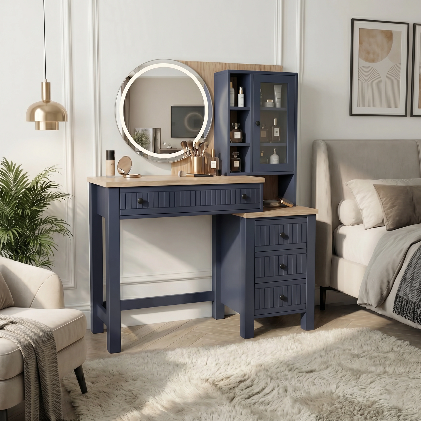 [Blue] Linra dressing table styled wider room shot with armchair, plant and floor lamp in panelled bedroom