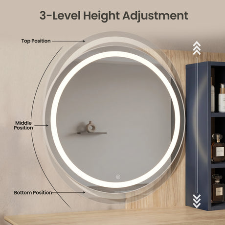 [Blue] Linra blue dressing table showing a 3-level height adjustable LED mirror with top, middle, and bottom positions.