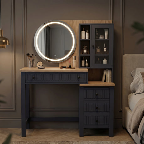 [Blue] Linra dressing table LED mirror illuminated in a dimly lit bedroom showing warm ambient lighting effect