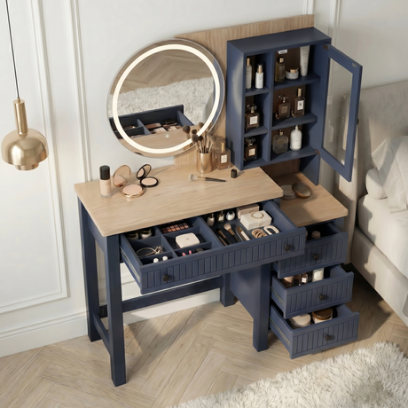 [Blue] Linra dressing table with drawer open revealing generous interior storage space and compartment organisation