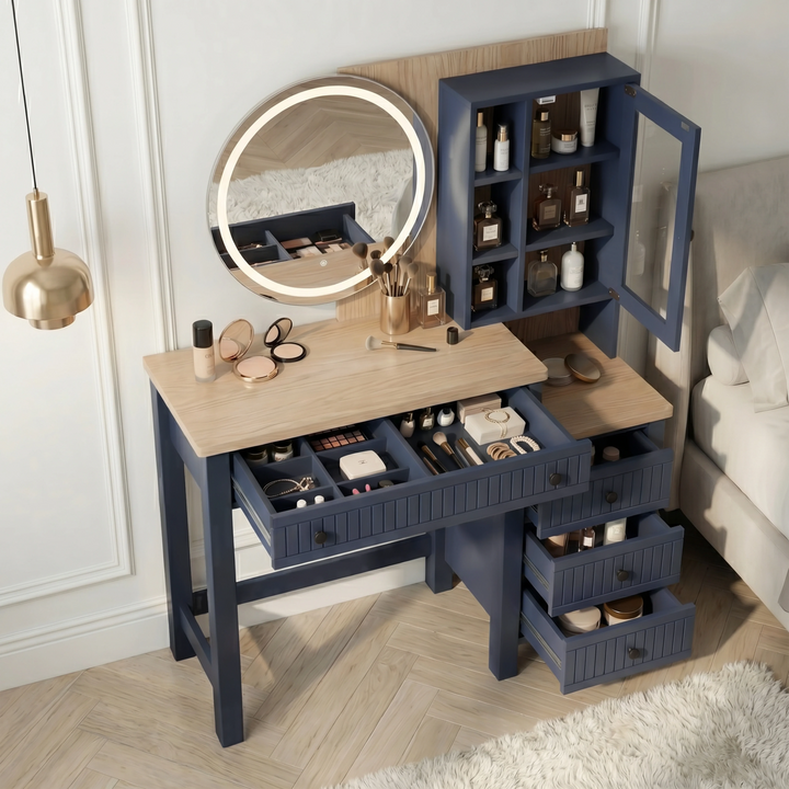 [Blue] Macro Linra dressing table brass knob mounted on grooved drawer with painted blue finish