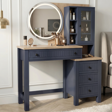 [Blue] Linra modern blue vanity desk with LED light mirror, oak top, and tiered storage cabinets.