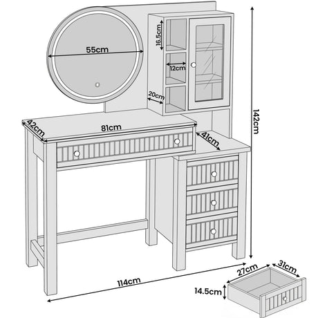 [Blue] Linra dimension guide for navy blue vanity desk: 114cm wide, 142cm high, with 55cm LED mirror details.