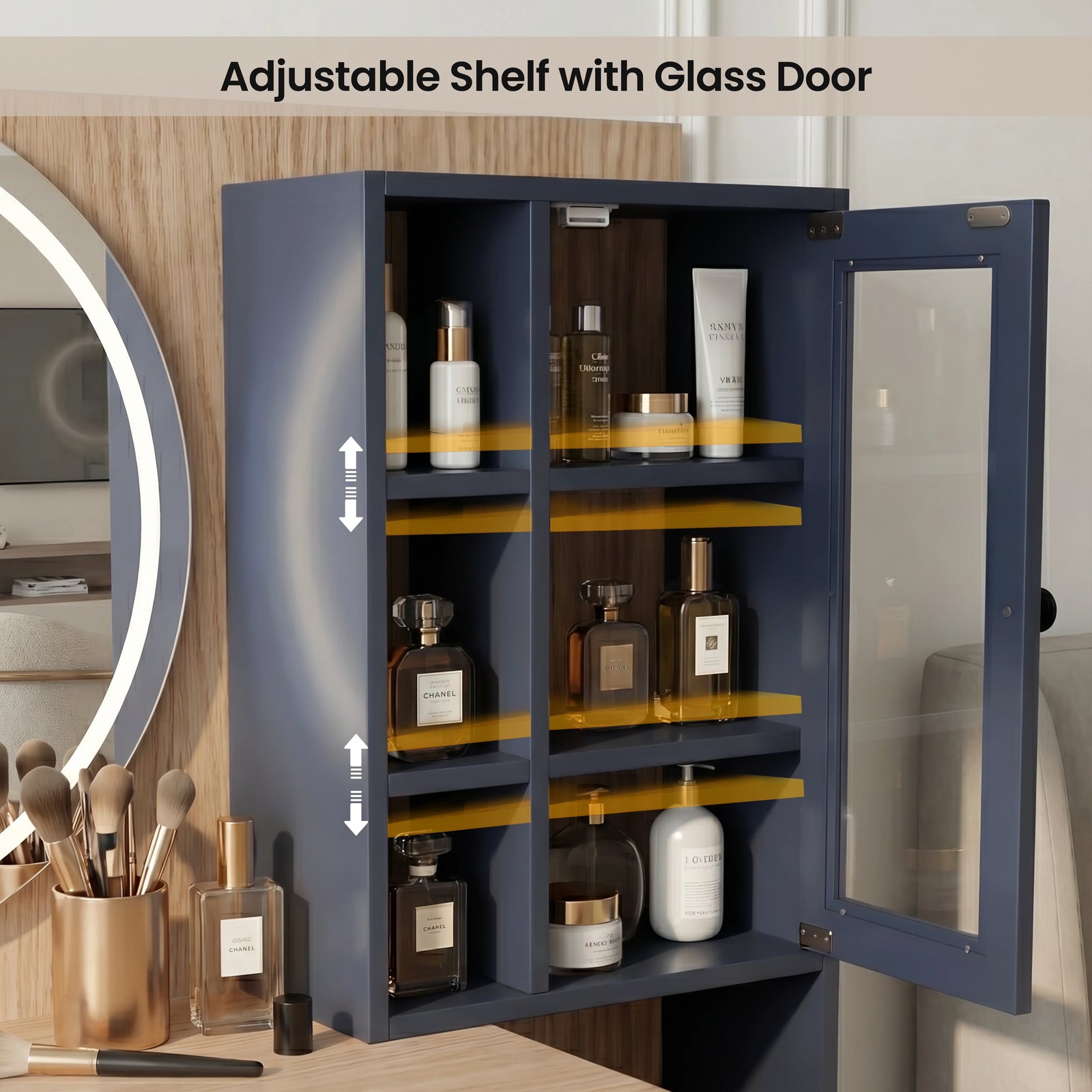 [Blue] Top drawer detail Linra dressing table extended on metal runner with vanity tools inside