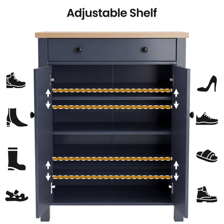 [Blue] Linra shoe cabinet open showing four adjustable shelves with bracket indicators and shoe type icons surrounding it