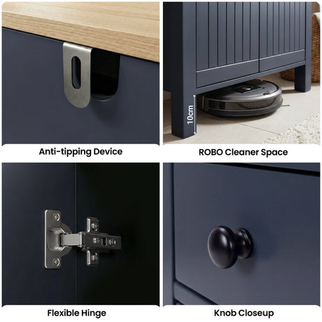 [Blue] Linra shoe cabinet feature grid showing anti-tipping bracket, robot cleaner clearance, flexible hinge, and black knob