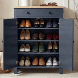 [Blue] Linra shoe storage cabinet interior with both doors open displaying four shelves filled with a variety of shoes