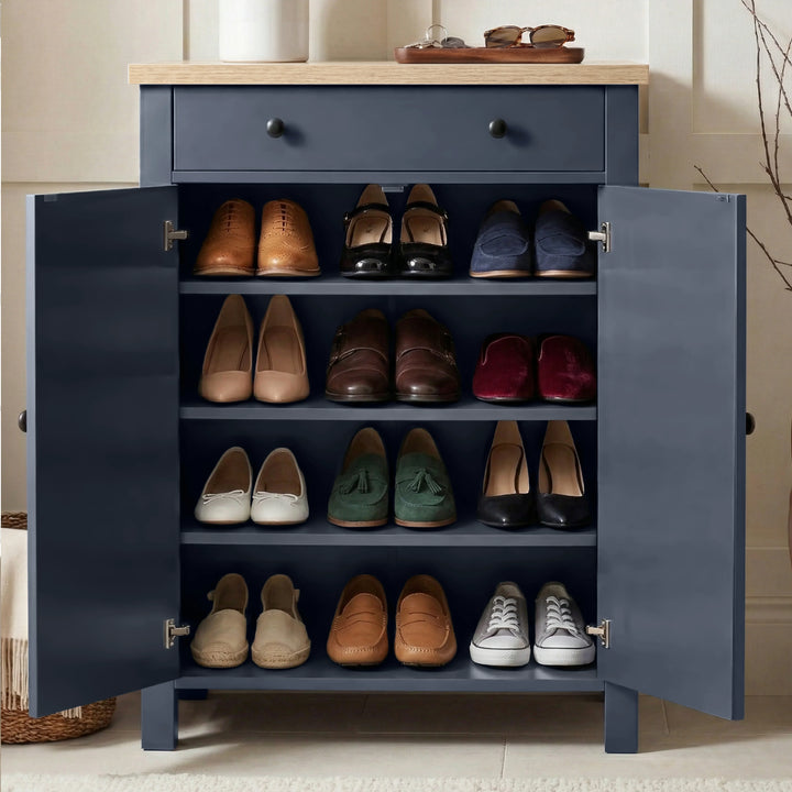 [Blue] Linra shoe storage cabinet interior with both doors open displaying four shelves filled with a variety of shoes