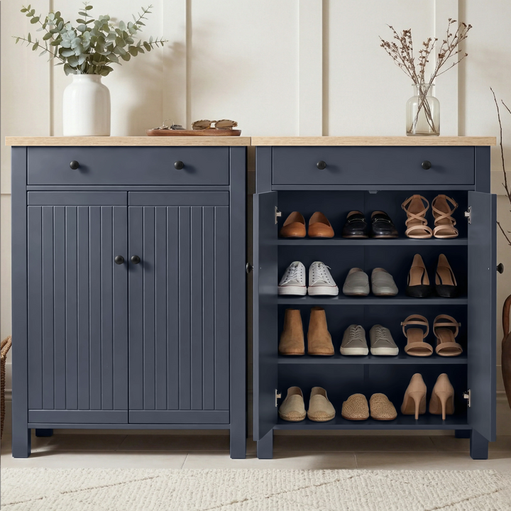 [Blue] Linra shoe storage cabinet shown closed and open side by side, displaying four tiers of shoe storage and top drawer