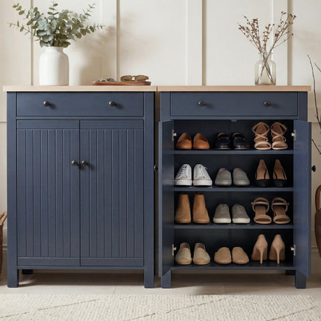 [Blue] Linra shoe cabinet shown closed and open side by side, four shelves displaying flats, heels, and sandals inside