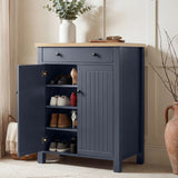 [Blue] Linra shoe storage cabinet with left door open revealing four shelves storing heels, trainers, and loafers inside