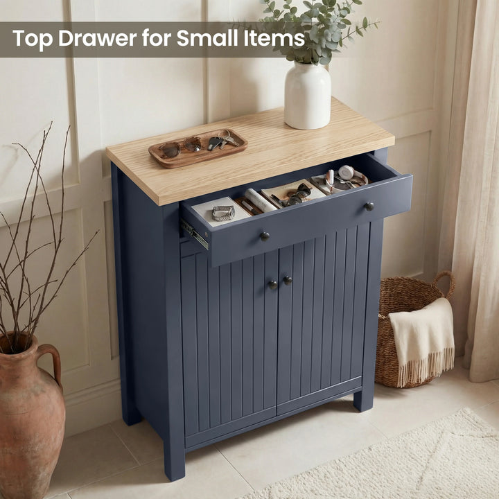 [Blue] Linra shoe storage cabinet with top drawer pulled open showing organised storage for accessories, keys, and sunglasses