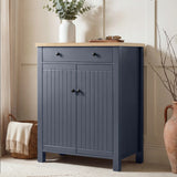 [Blue] Linra shoe storage cabinet in navy with oak top, top drawer with round knobs, and beadboard double-door cupboard below