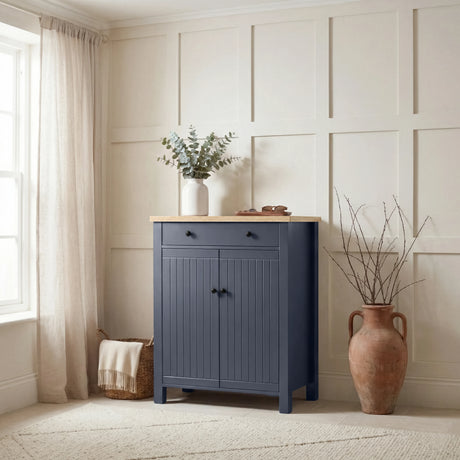 [Blue] Linra shoe storage cabinet styled in a bright hallway with panelled walls, a wicker basket, and terracotta vase