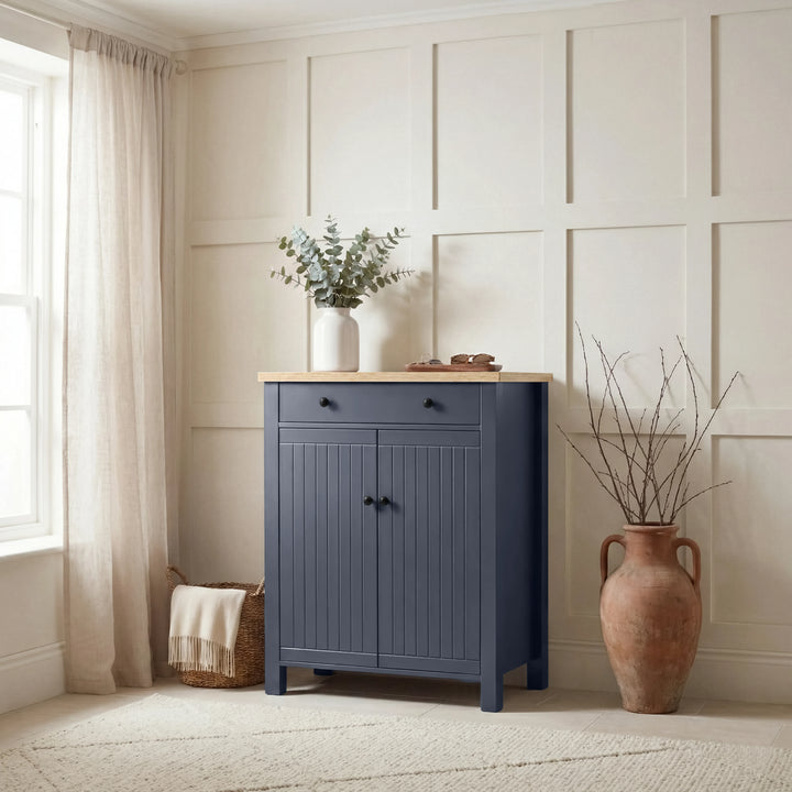 [Blue] Linra shoe storage cabinet styled in a bright hallway with panelled walls, a wicker basket, and terracotta vase