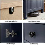 [Blue] Linra shoe storage cabinet details showing anti-tipping bracket, robot cleaner clearance, flexible hinge, and knob