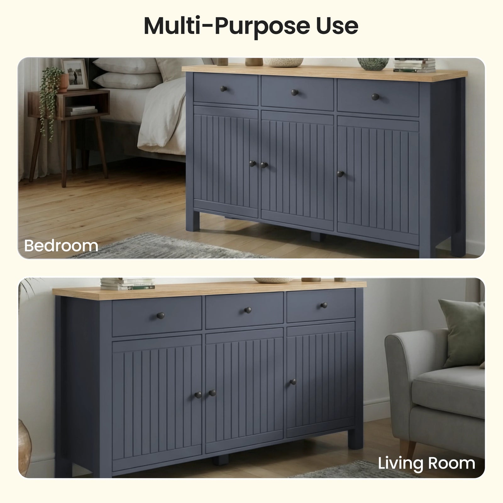 [Blue] Linra 135cm sideboard in blue oak finish with three doors and contemporary handle design for living room storage