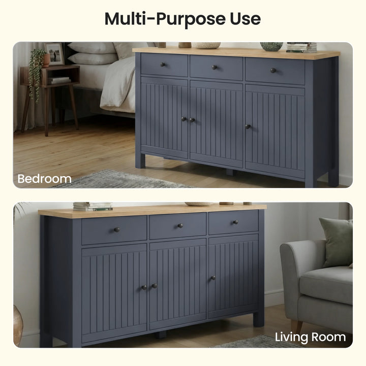 [Blue] Linra 135cm sideboard in blue oak finish with three doors and contemporary handle design for living room storage