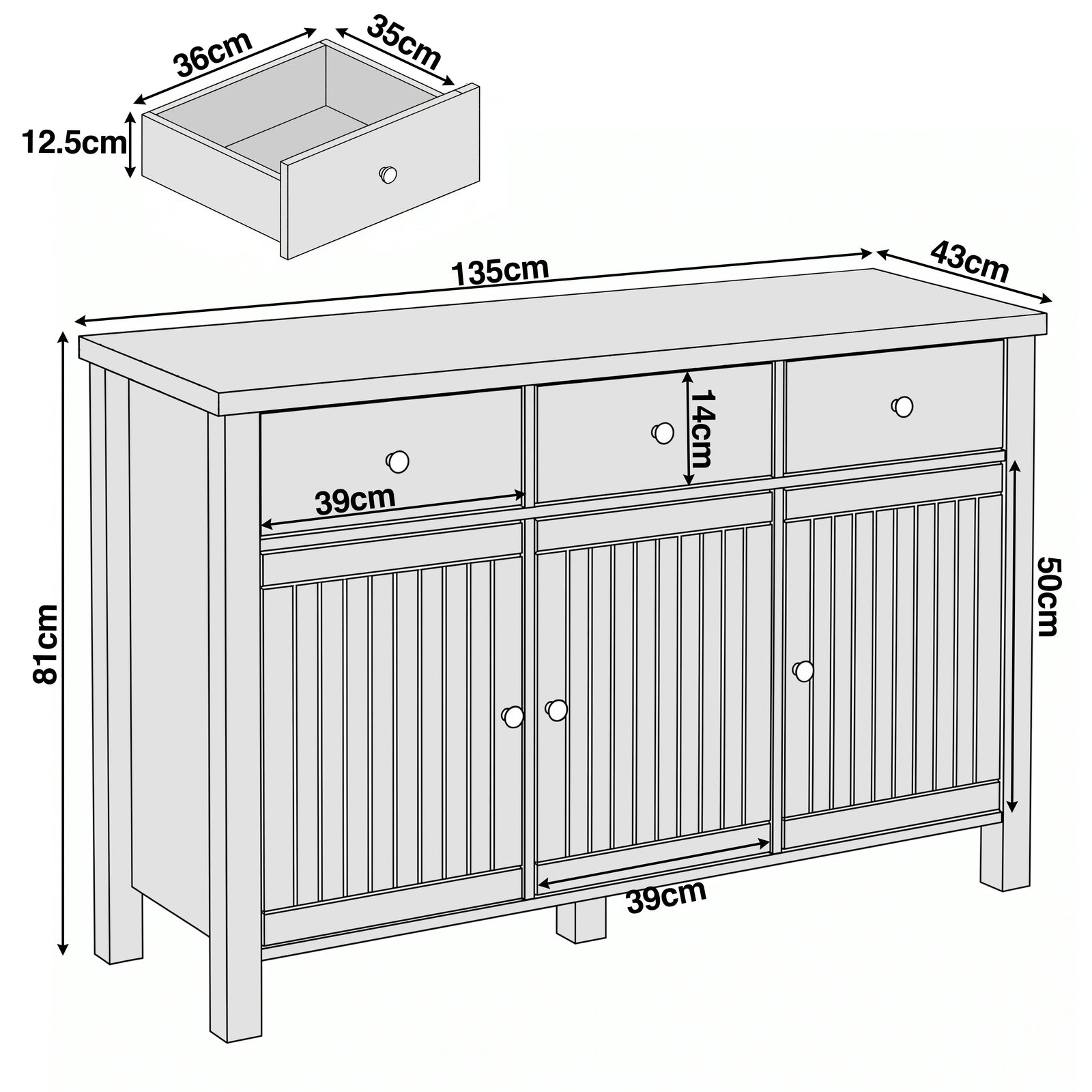 [Blue] Linra 135cm sideboard size and dimensions guide showing product measurements for room space planning