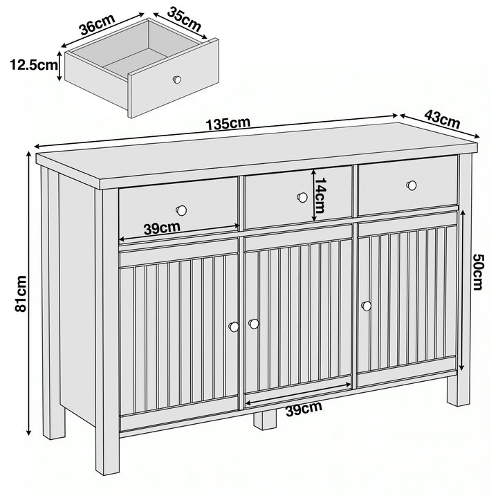 [Blue] Linra 135cm sideboard size and dimensions guide showing product measurements for room space planning