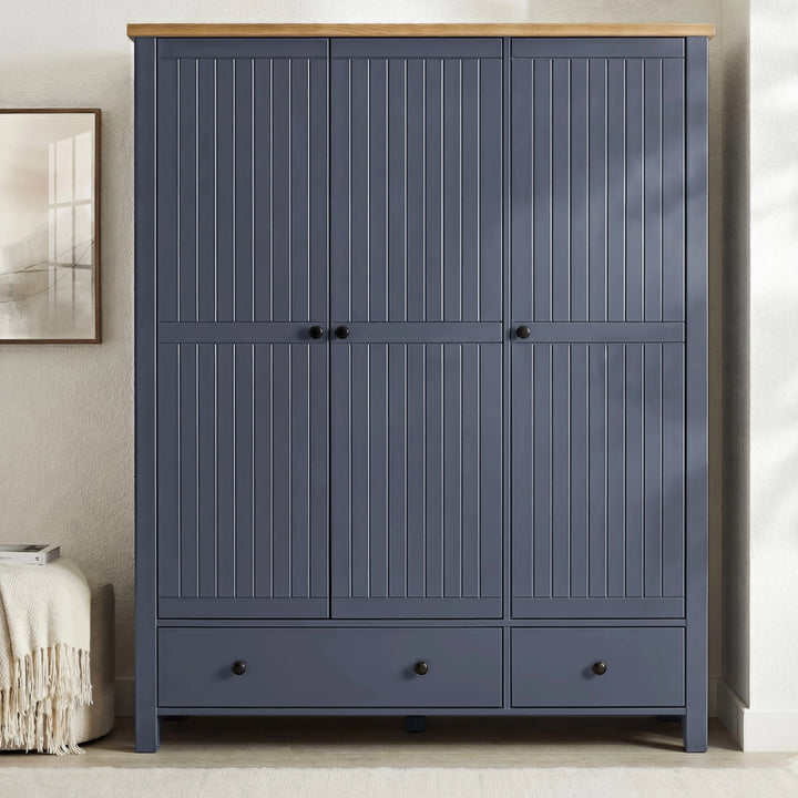 [Blue] Blue 3 door wardrobe from Linra bedroom furniture set with 2 base drawers and oak top