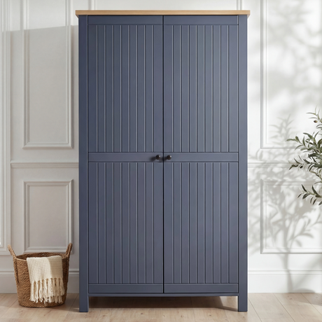 [Blue] Linra 2-door wardrobe with vertical linear panelling and oak top for bedroom storage.