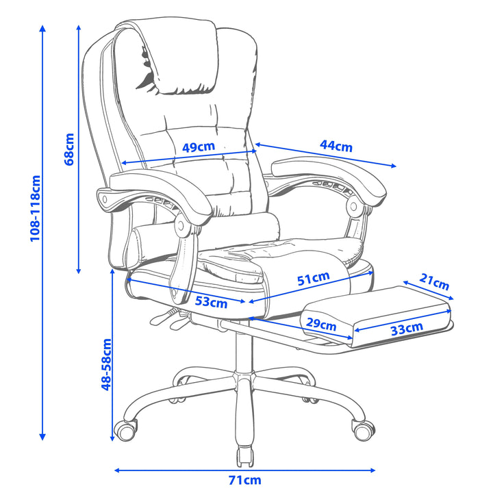 [Blue Velvet] Blue office massage chair with dimensions labeled on a white background