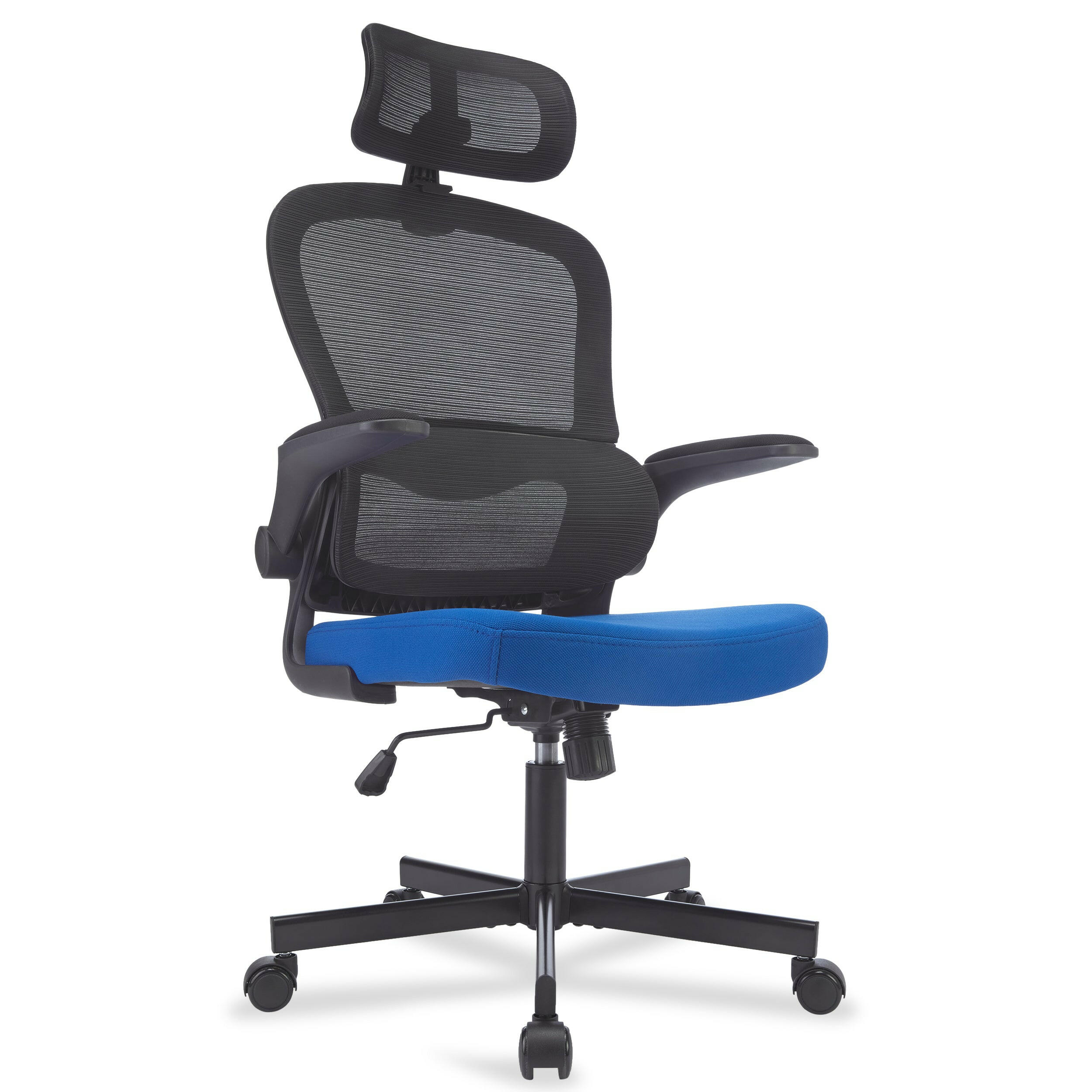 Stylish blue office chair with black armrests for a modern and ergonomic workspace.