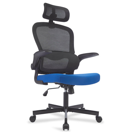 Stylish blue office chair with black armrests for a modern and ergonomic workspace.