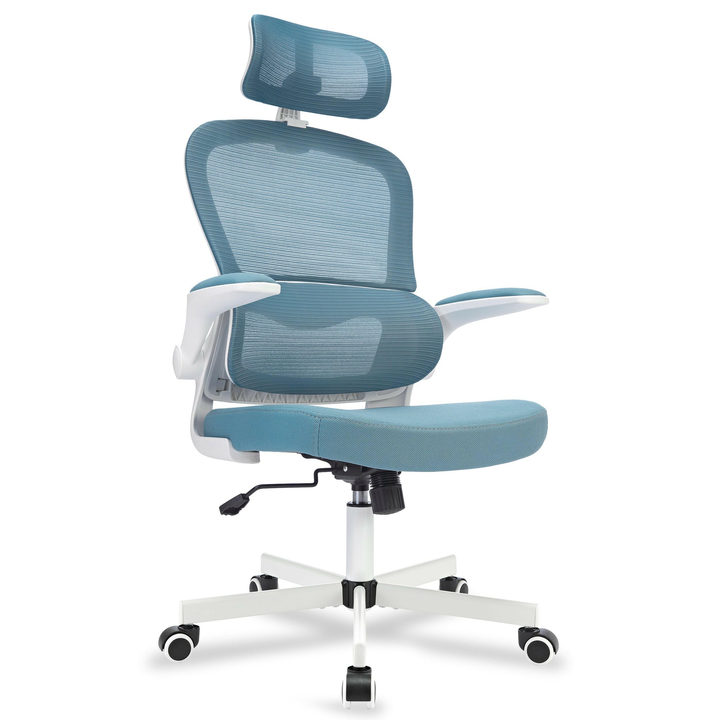 Ergonomic blue office desk chair with white and blue armrests for modern workspaces.