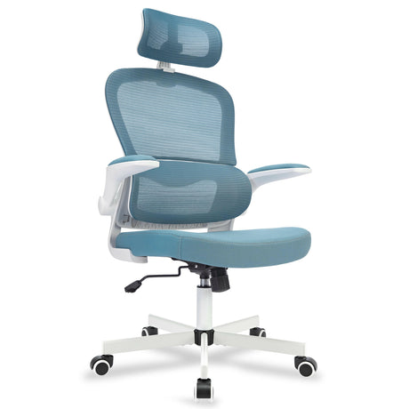 Ergonomic blue office desk chair with white and blue armrests for modern workspaces.