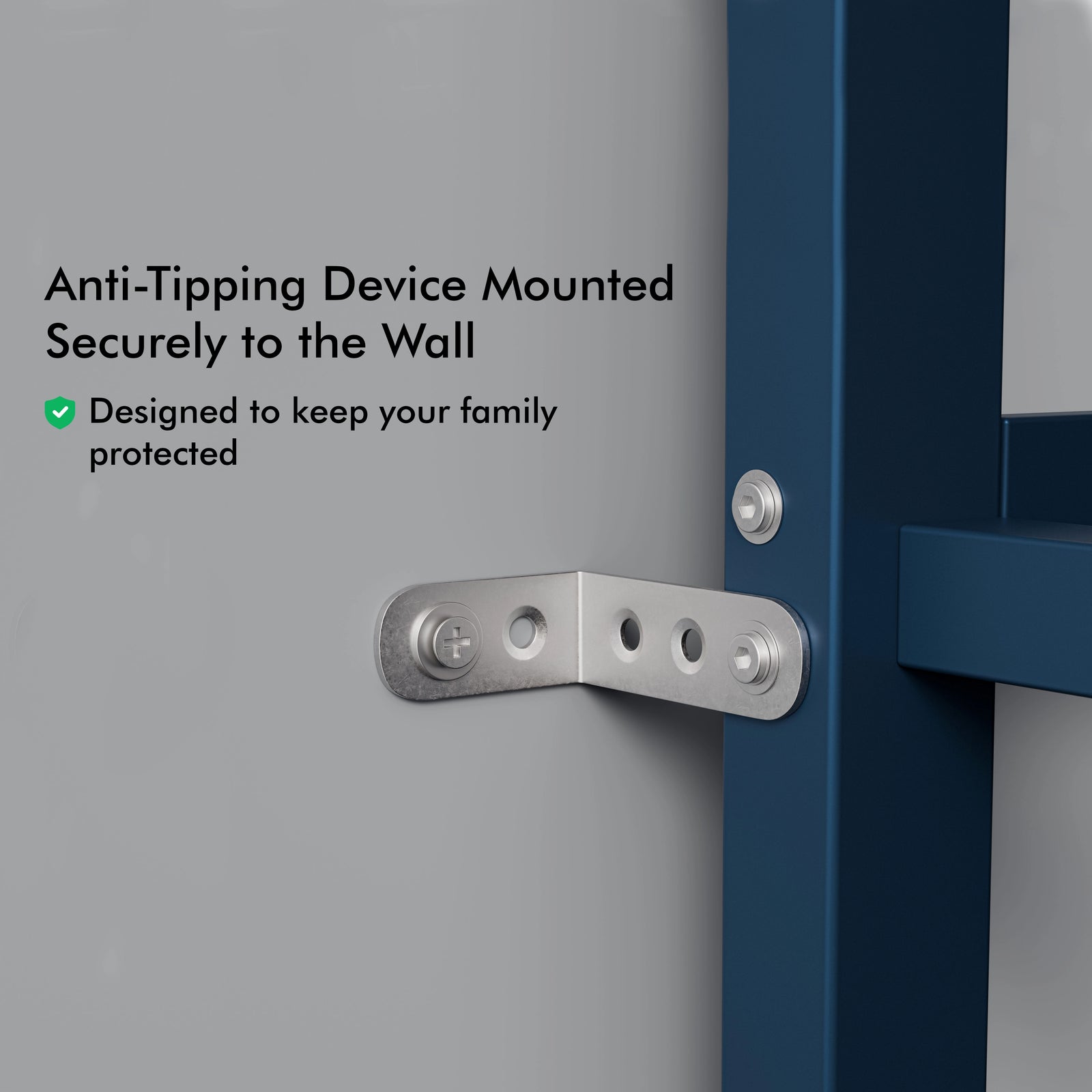 [Blue + Pine] bunk bed anti-tip device closeup showing steel bracket screwed to wall and loft bed frame