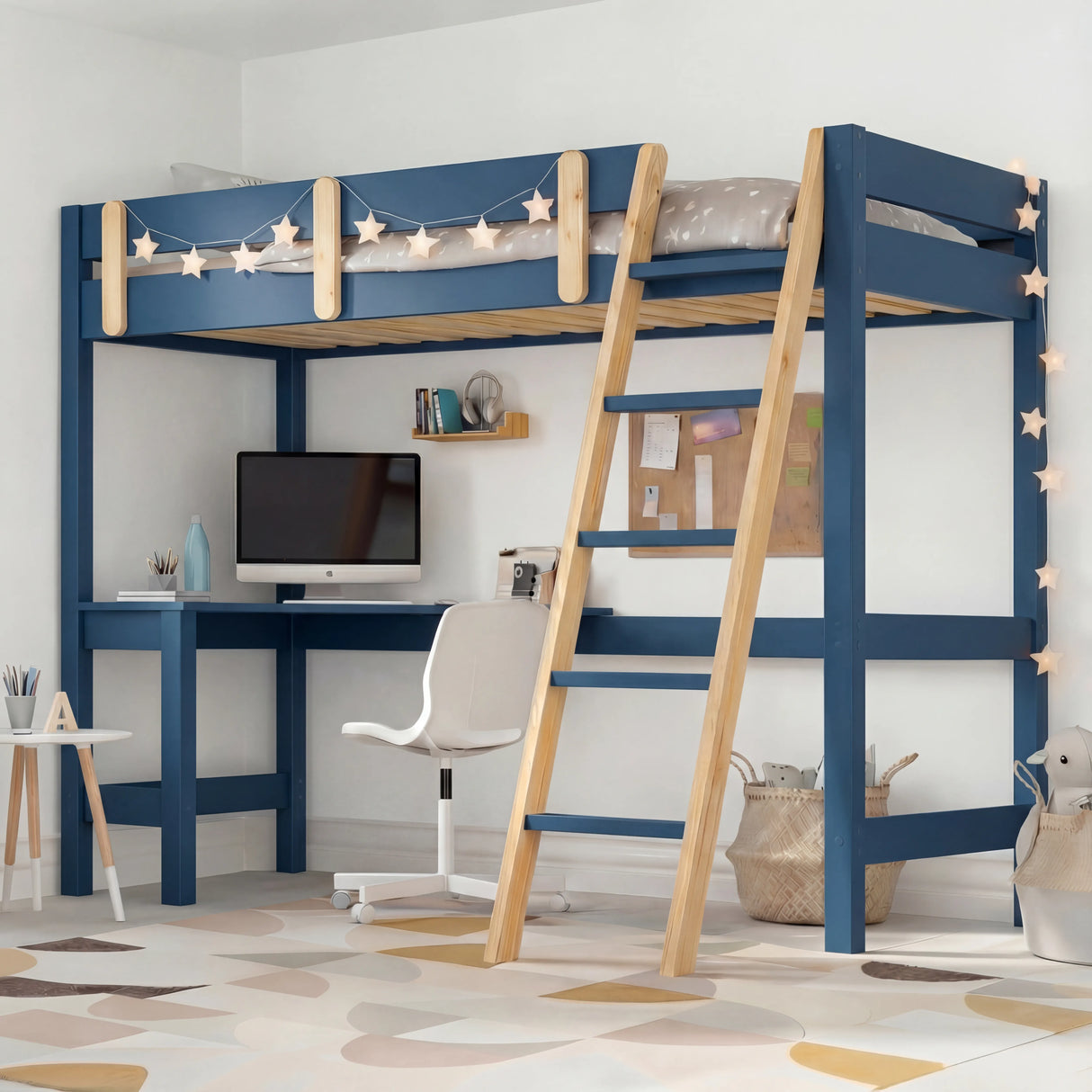 [Blue + Pine] Kids high sleeper bunk bed with built-in study area computer desk and corkboard on wall