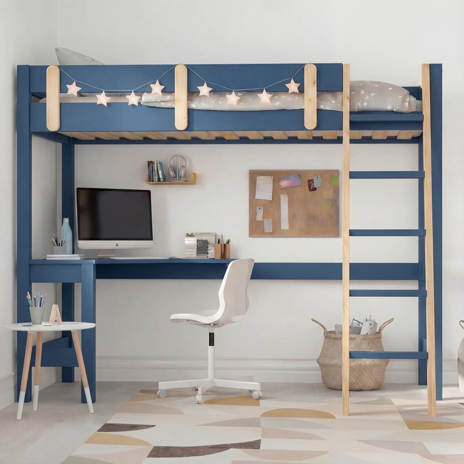 [Blue + Pine] Kids bunk bed front view showing built-in desk and chair below and star-print bedding on upper platform