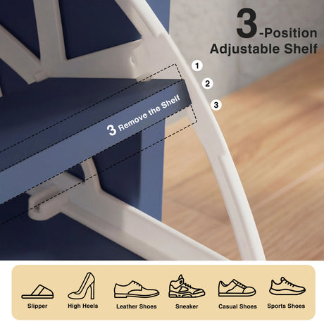 Blue pull-down shoe cabinet with three-position adjustable shelf system for varied shoe heights