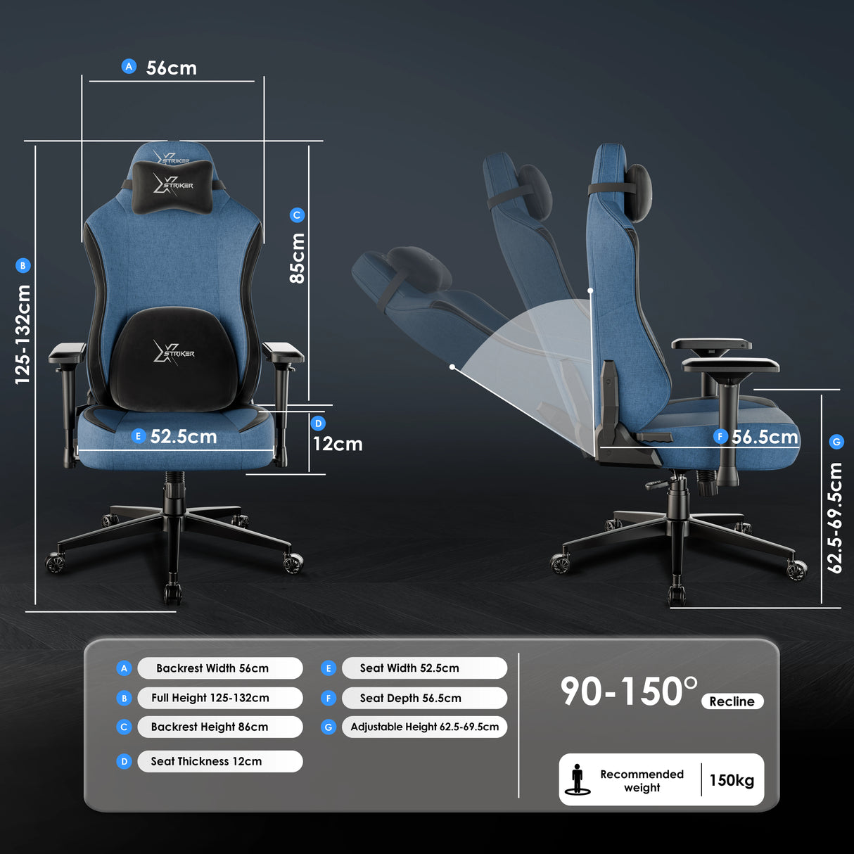 Xstriker Ergonomic Fabric pc chair with 4D armrest in blue, featuring adjustable height, 90–150° recline, and thick cushioned seat for adults.