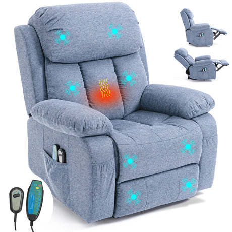 Blue fabric massage recliner chair with heat, and 8 point massage functions for added comfort