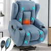liftup Blue fabric recliner chairs demonstrating its riser lift function to assist a user to stand.